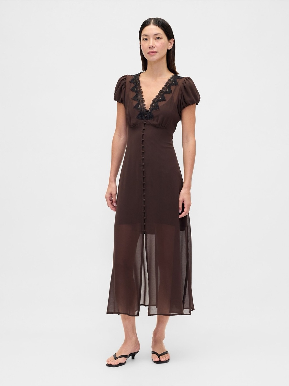 Gap Sheer Midi Dress with Lace V-Neck in Brown
